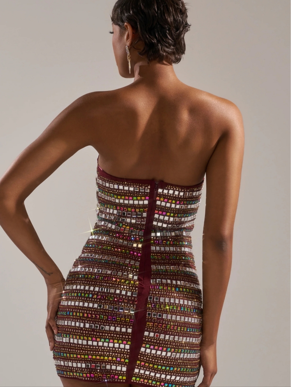 AKIRA Burgundy Crystal Mini Dress with Multicolor Jewels - Picture 4 of 7
